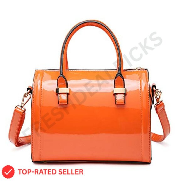 Shiny Patent Vegan Leather Satchel Shoulder Bag Elegant Chic Everyday Purse - Picture 2 of 8